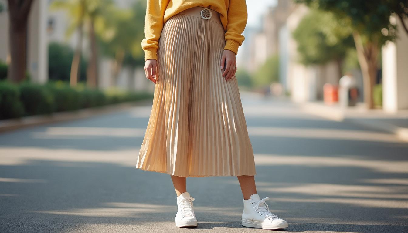découvrez tous nos conseils pour associer une jupe plissée avec des baskets et créer un look tendance, chic et décontracté, sans aucune fausse note !